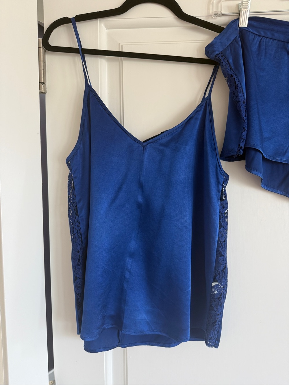 Cobalt Blue 100% silk Lace-Trim Cami & Shorts Sleep Set Sz M